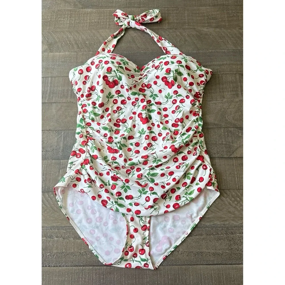 White vibrant red cherry bomb print ruched‎ sides One Piece Swimsuit Size 4XL